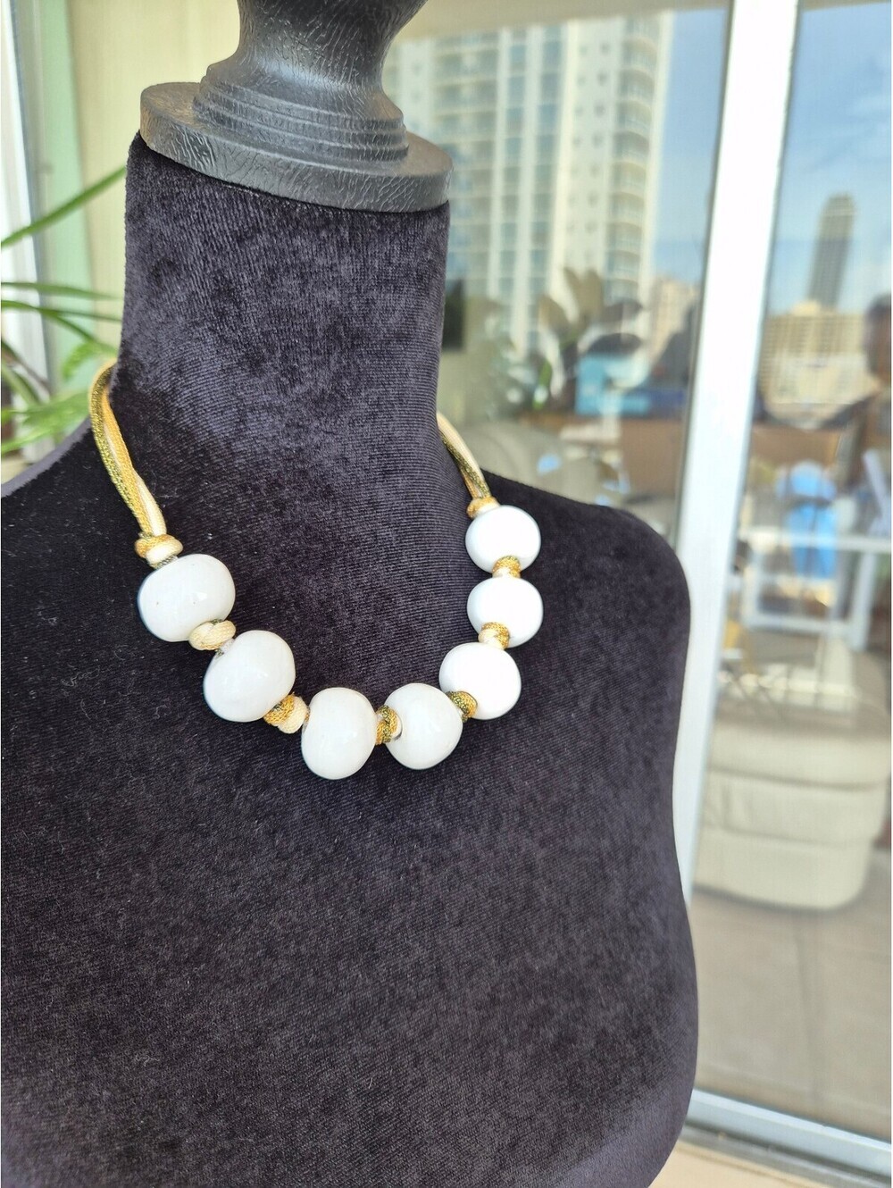 Vintage White Ceramic Bead Statement Necklace Gold Tone Mesh Cord Boho